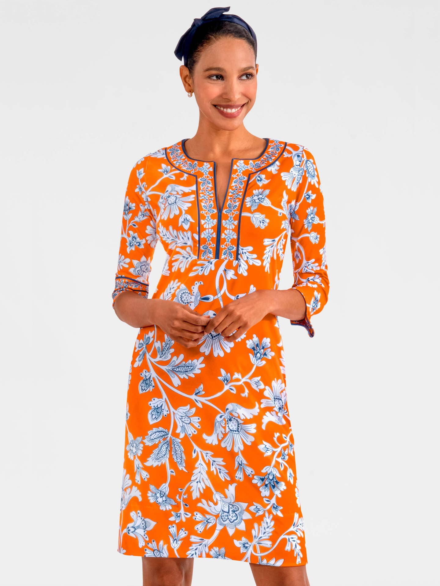 Split Neck Dress - Stunning Stippling: Navy / S