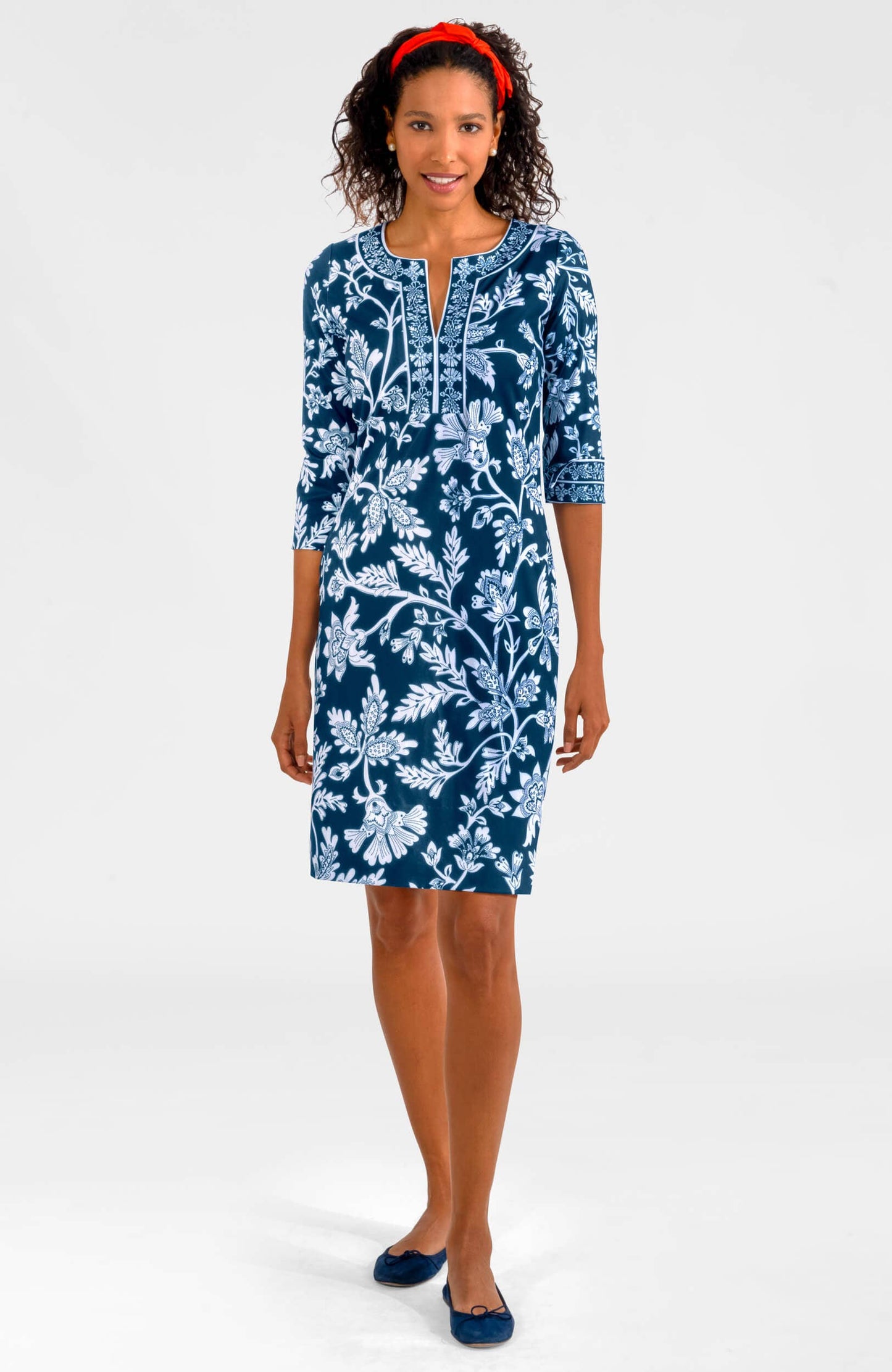 Split Neck Dress - Stunning Stippling: Navy / S