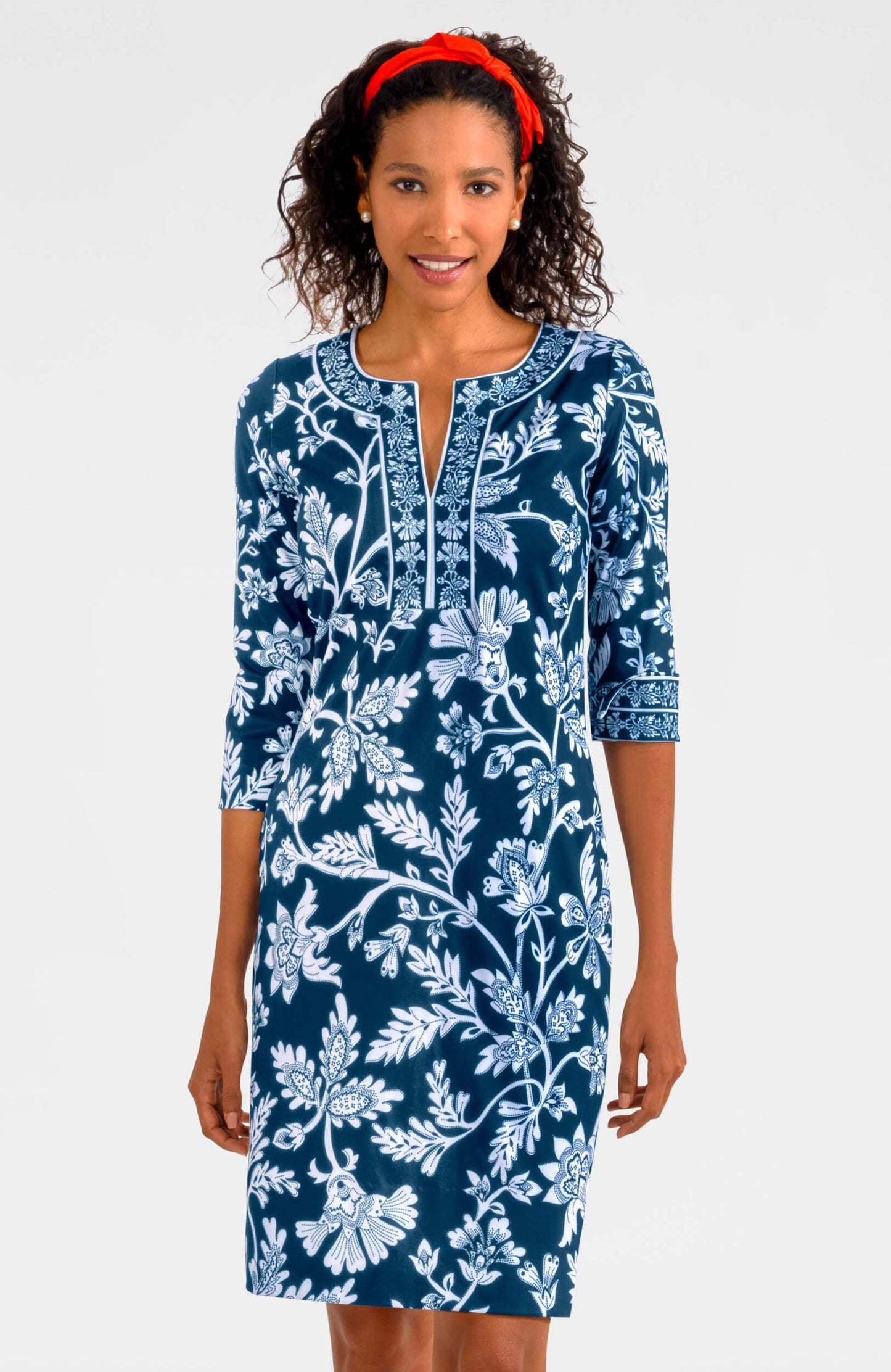 Split Neck Dress - Stunning Stippling: Navy / S