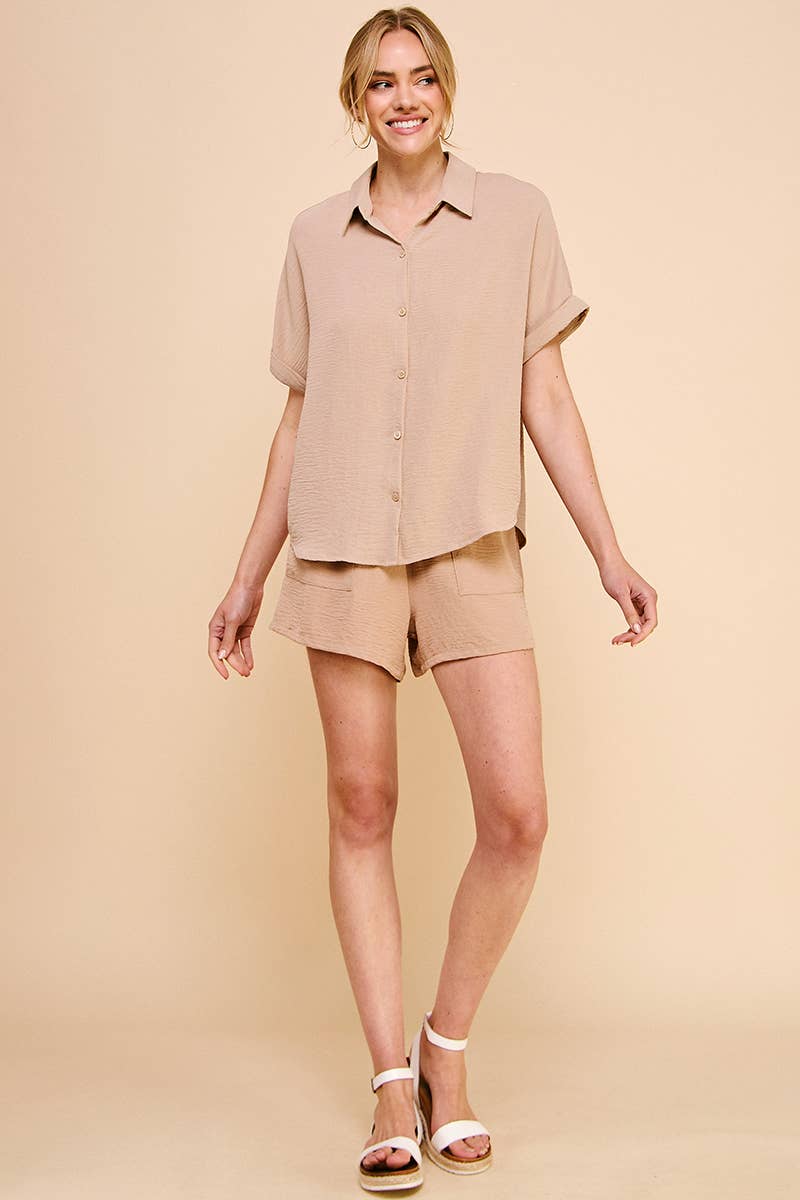 Airy Rolled Cuff Short Sleeve Dolman: Oat / L