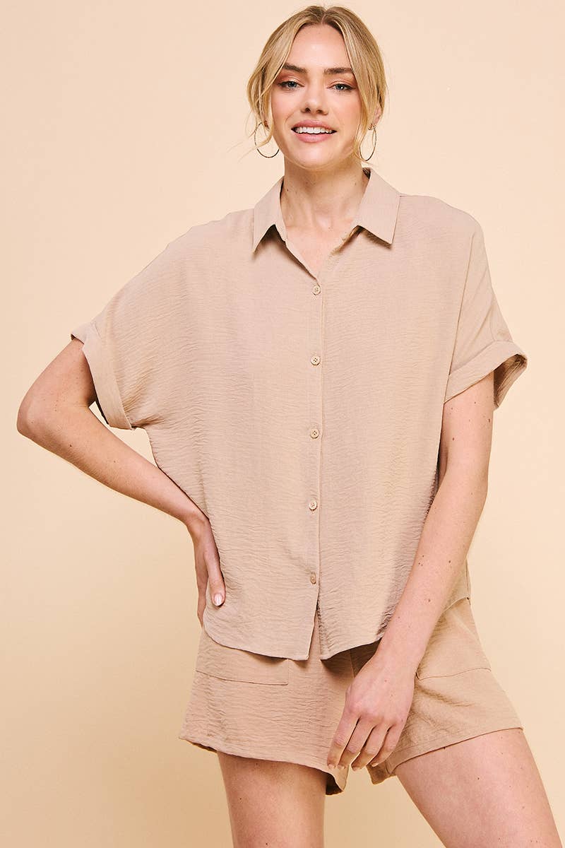Airy Rolled Cuff Short Sleeve Dolman: Oat / L