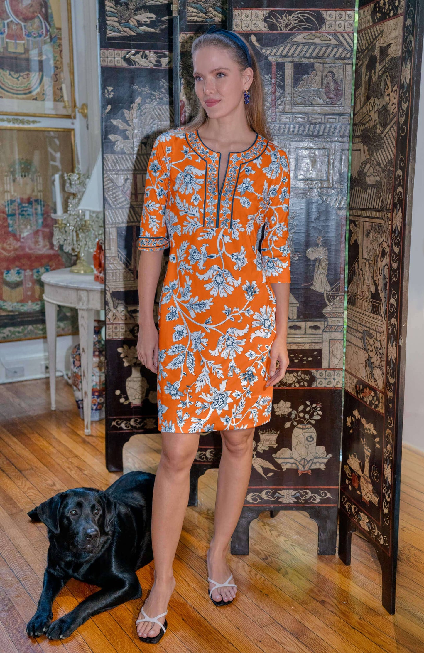 Split Neck Dress - Stunning Stippling: Navy / S