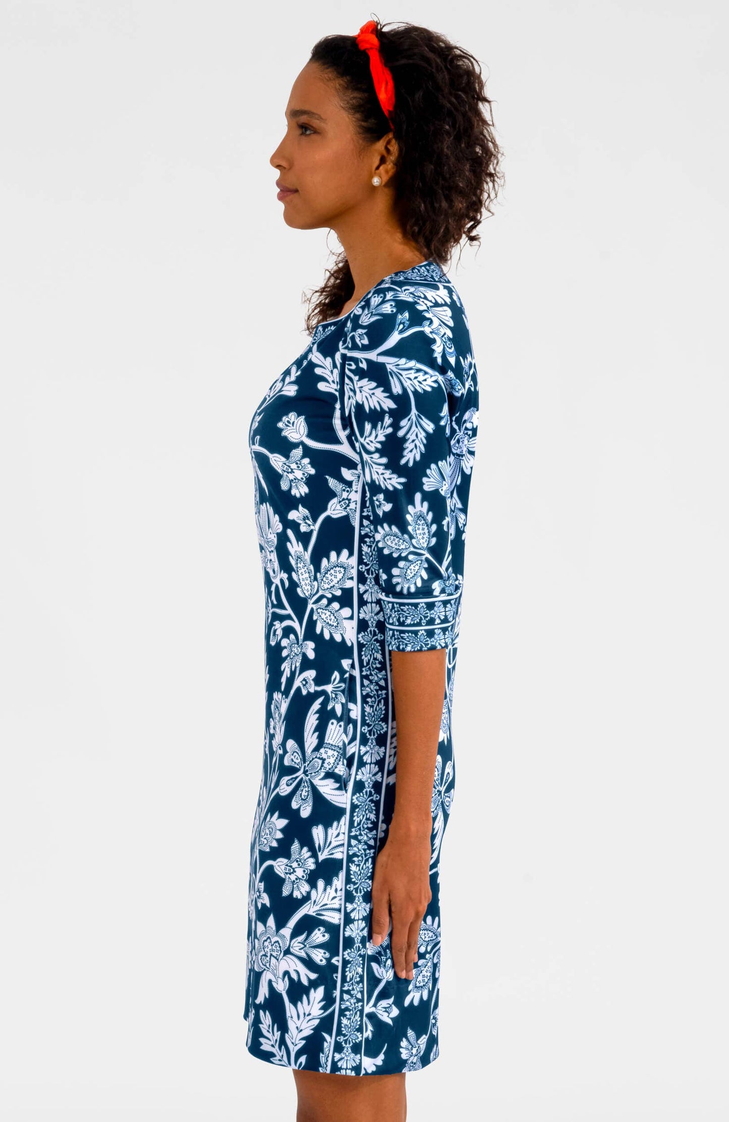 Split Neck Dress - Stunning Stippling: Navy / S