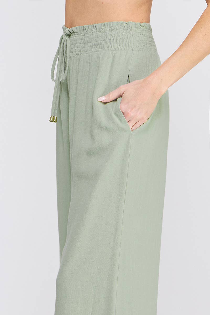 Soft Linen Smocked Waist Wide Leg Pants: Natural / L