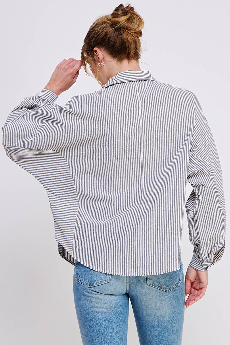 Mixed Stripe Dolman Button Front Shirt: Grey Stripe / S