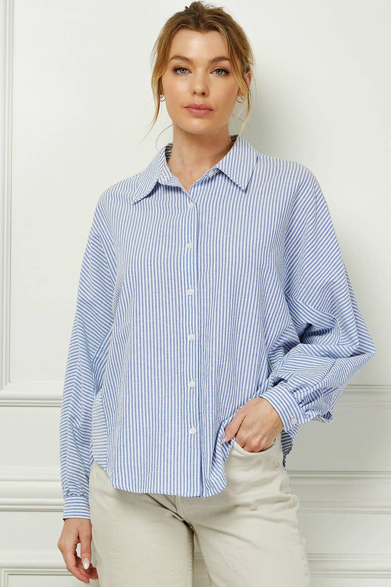 Mixed Stripe Dolman Button Front Shirt: Grey Stripe / S