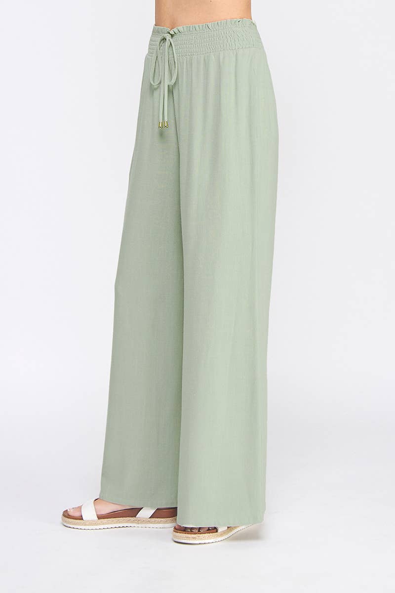 Soft Linen Smocked Waist Wide Leg Pants: Natural / L