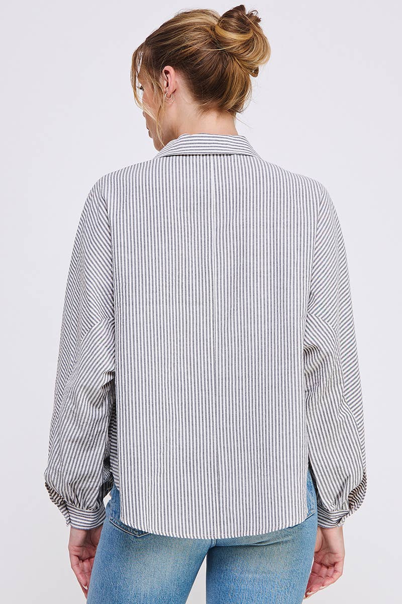 Mixed Stripe Dolman Button Front Shirt: Grey Stripe / L