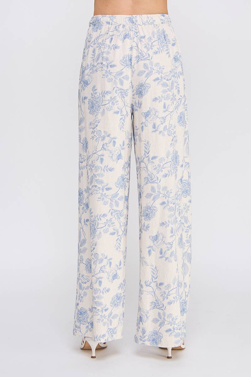 Printed Soft Linen Elastic Tie Waist Wide Leg Pants: Blue / L