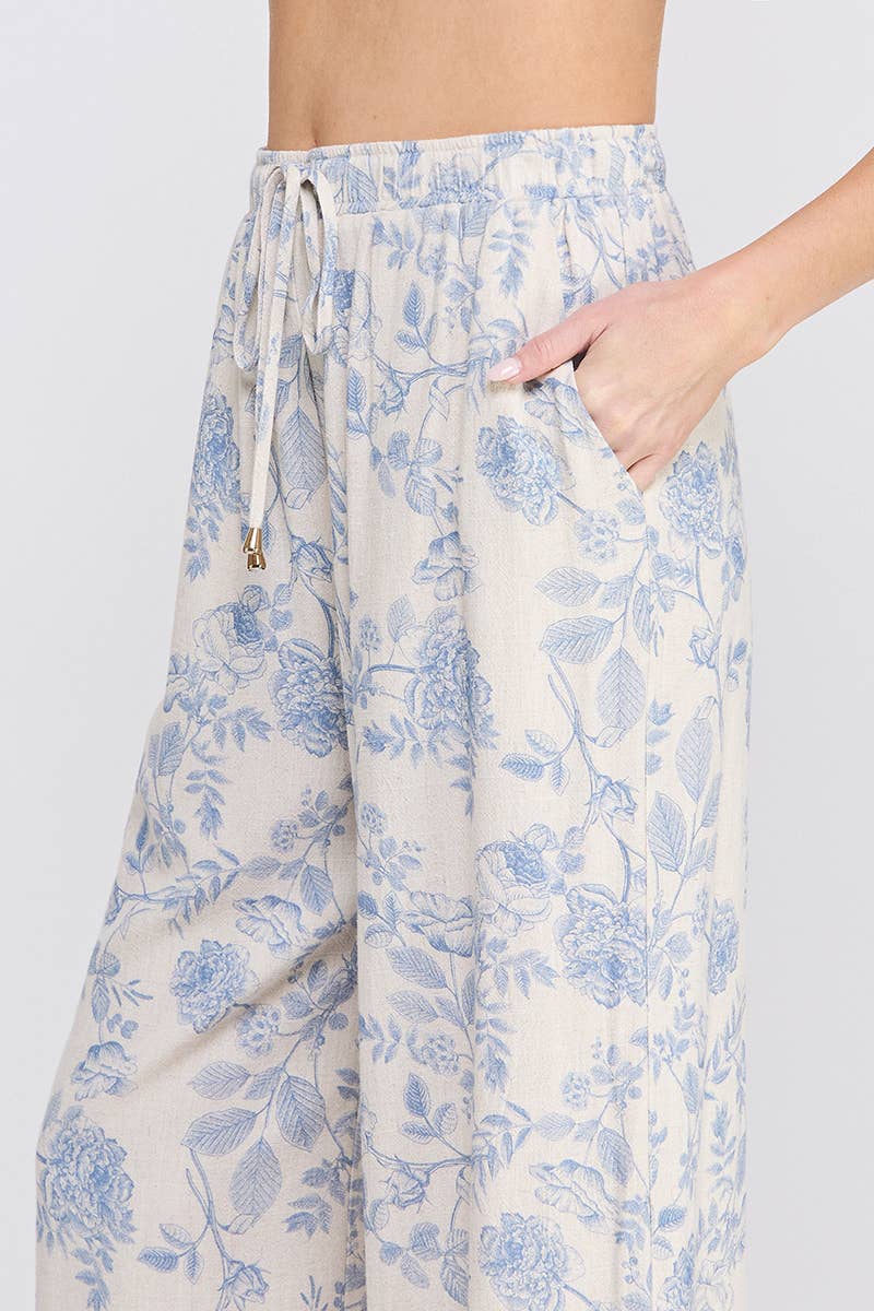 Printed Soft Linen Elastic Tie Waist Wide Leg Pants: Blue / S
