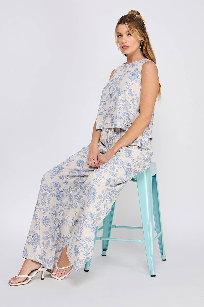 Printed Soft Linen Elastic Tie Waist Wide Leg Pants: Blue / L