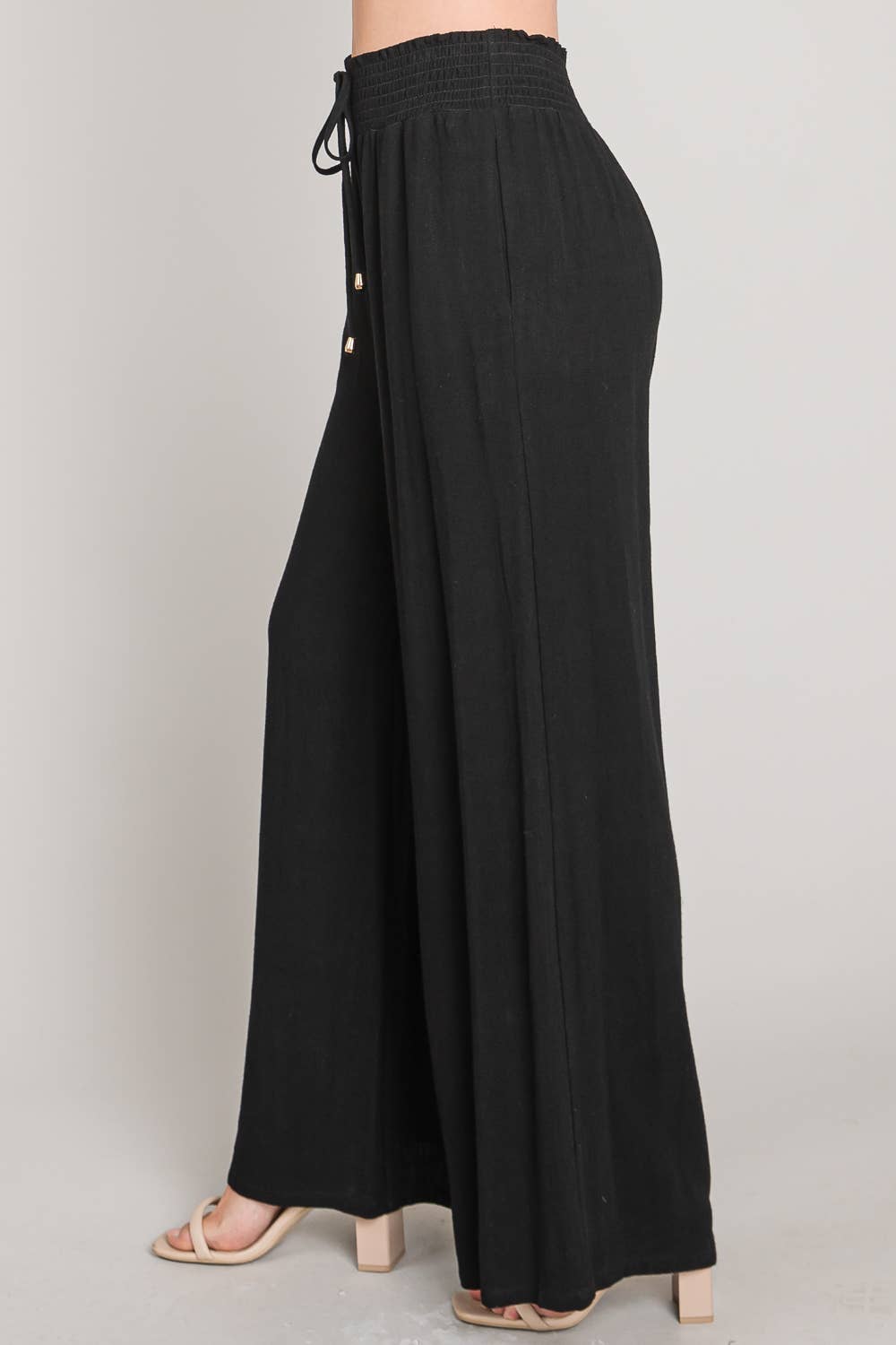 Soft Linen Smocked Waist Wide Leg Pants: Natural / L
