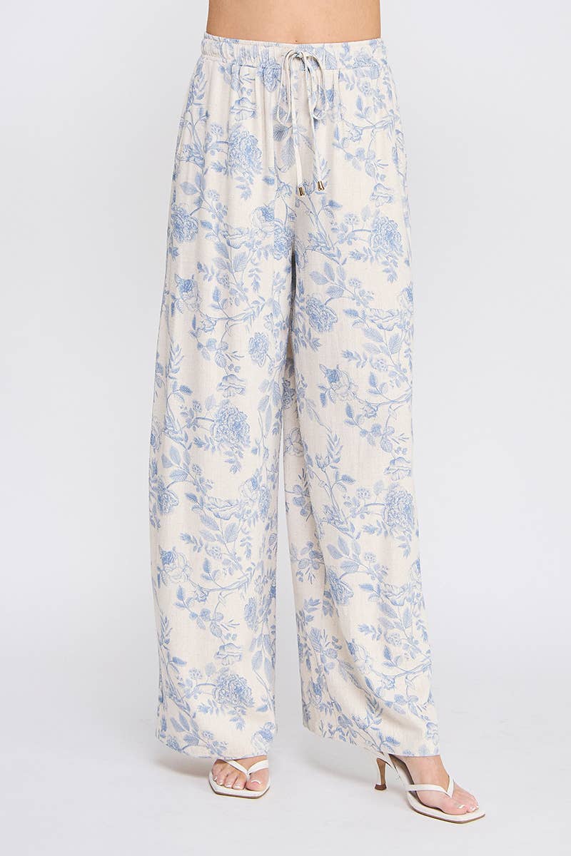 Printed Soft Linen Elastic Tie Waist Wide Leg Pants: Blue / L