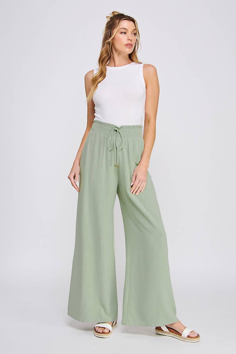 Soft Linen Smocked Waist Wide Leg Pants: Natural / L