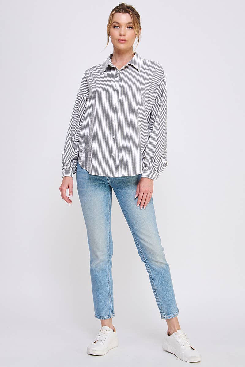 Mixed Stripe Dolman Button Front Shirt: Grey Stripe / S