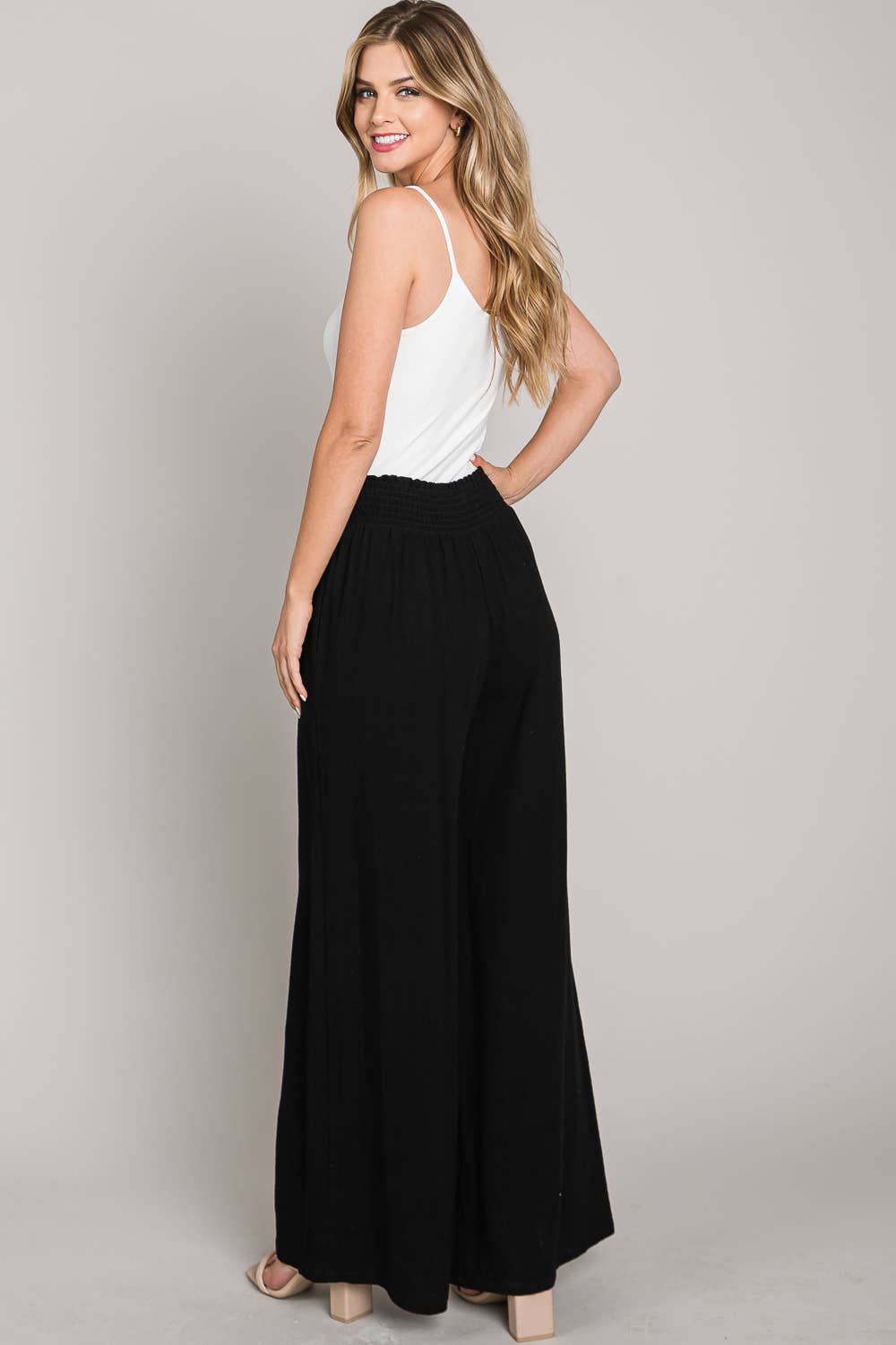 Soft Linen Smocked Waist Wide Leg Pants: Natural / L