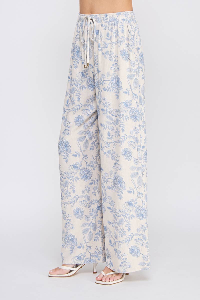 Printed Soft Linen Elastic Tie Waist Wide Leg Pants: Blue / L