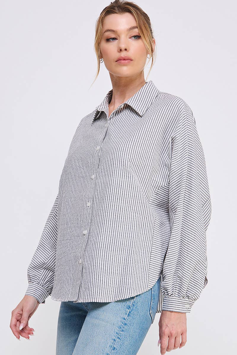 Mixed Stripe Dolman Button Front Shirt: Grey Stripe / S