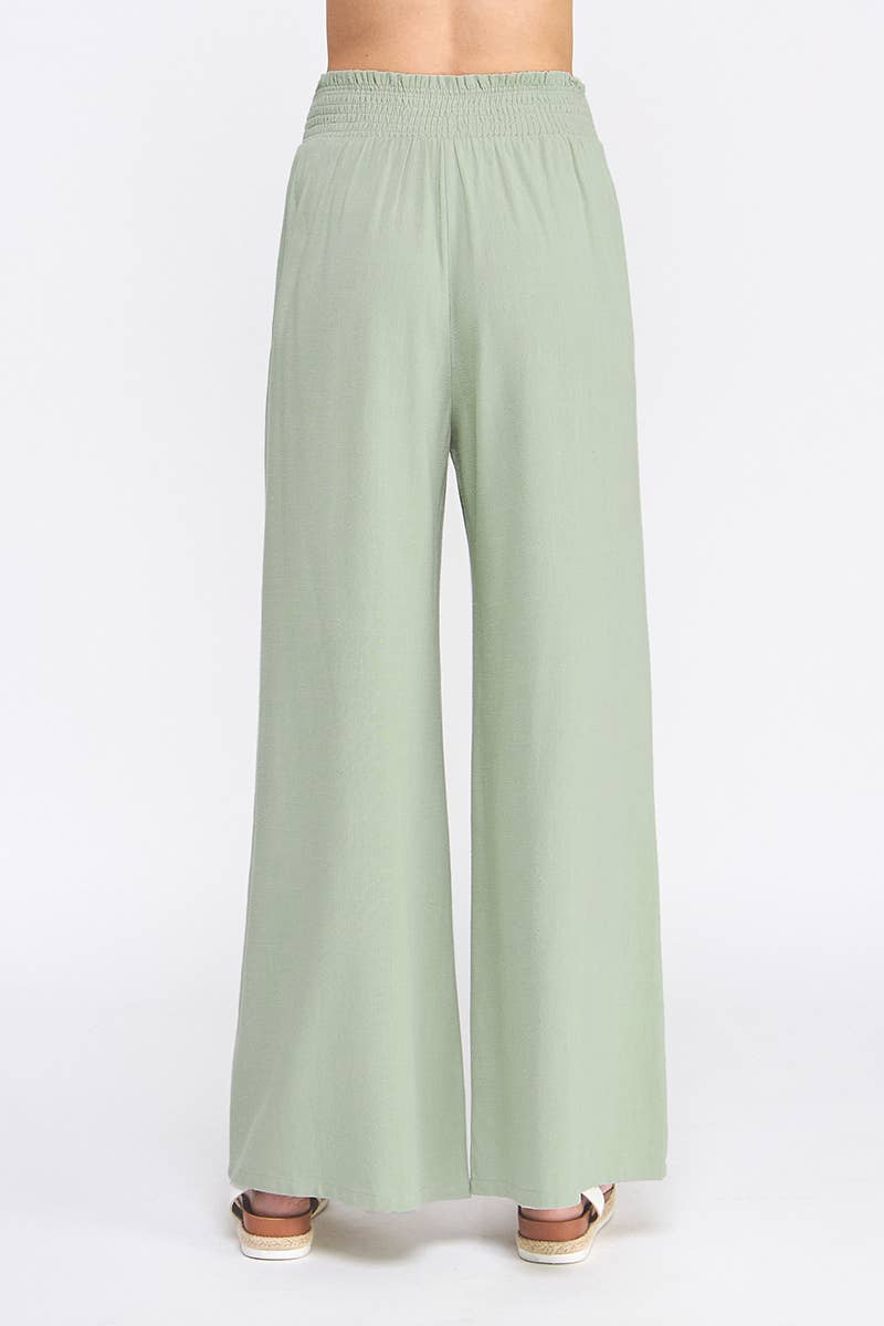 Soft Linen Smocked Waist Wide Leg Pants: Natural / L