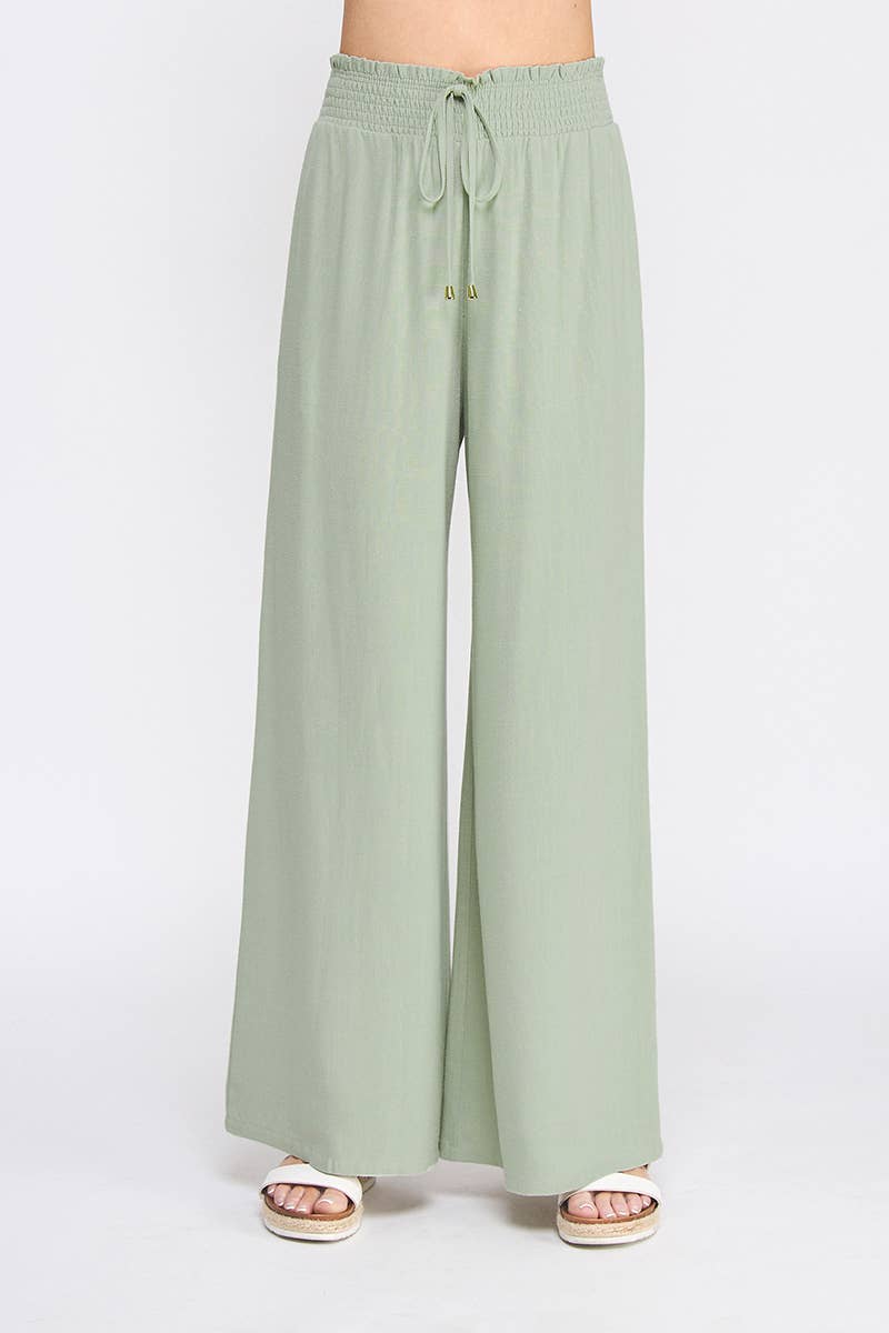 Soft Linen Smocked Waist Wide Leg Pants: Natural / L