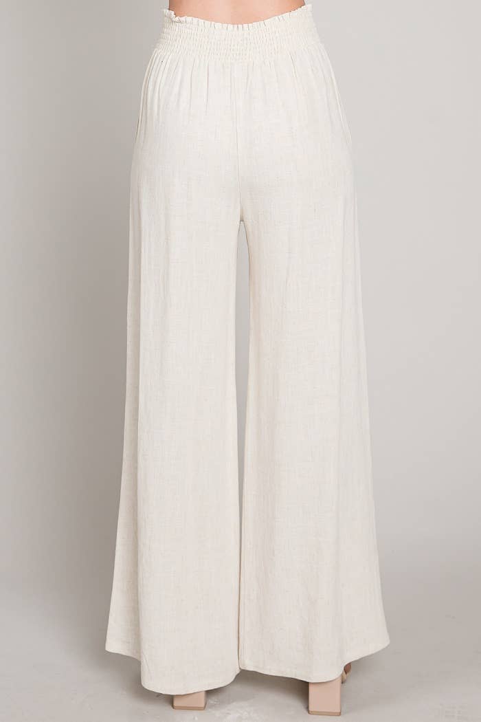 Soft Linen Smocked Waist Wide Leg Pants: Natural / L