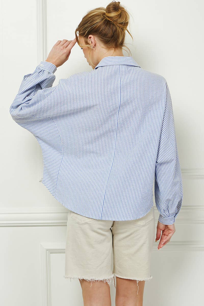 Mixed Stripe Dolman Button Front Shirt: Grey Stripe / S