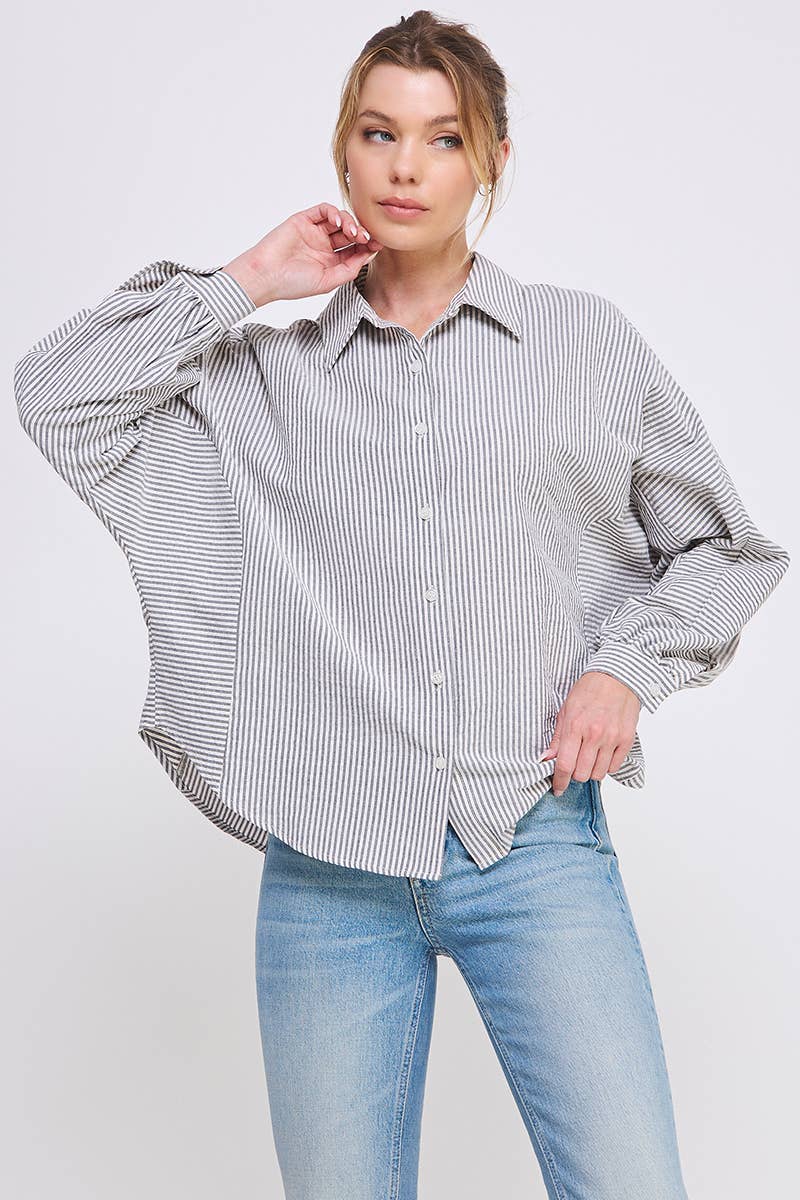 Mixed Stripe Dolman Button Front Shirt: Grey Stripe / L