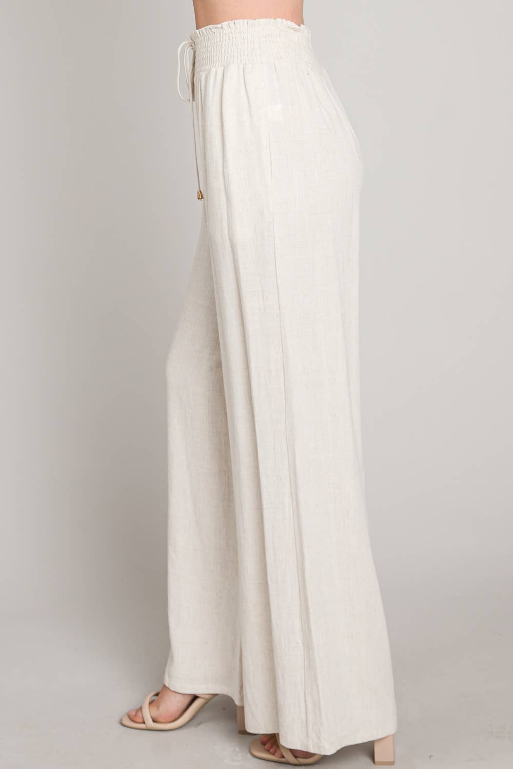 Soft Linen Smocked Waist Wide Leg Pants: Natural / L