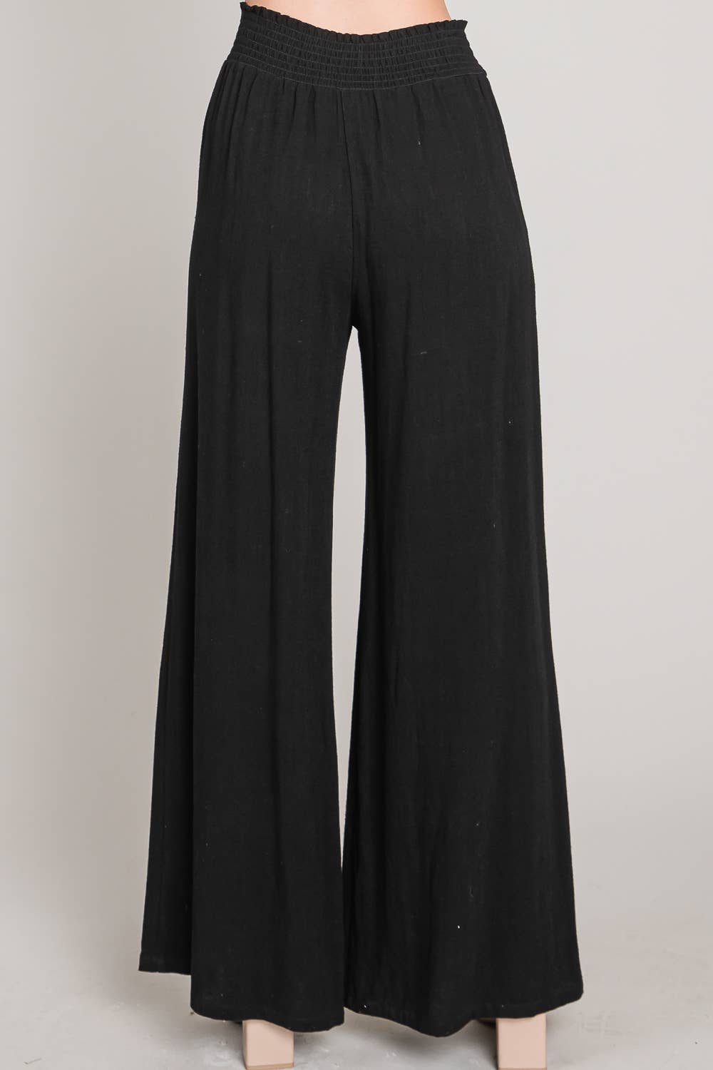 Soft Linen Smocked Waist Wide Leg Pants: Natural / L