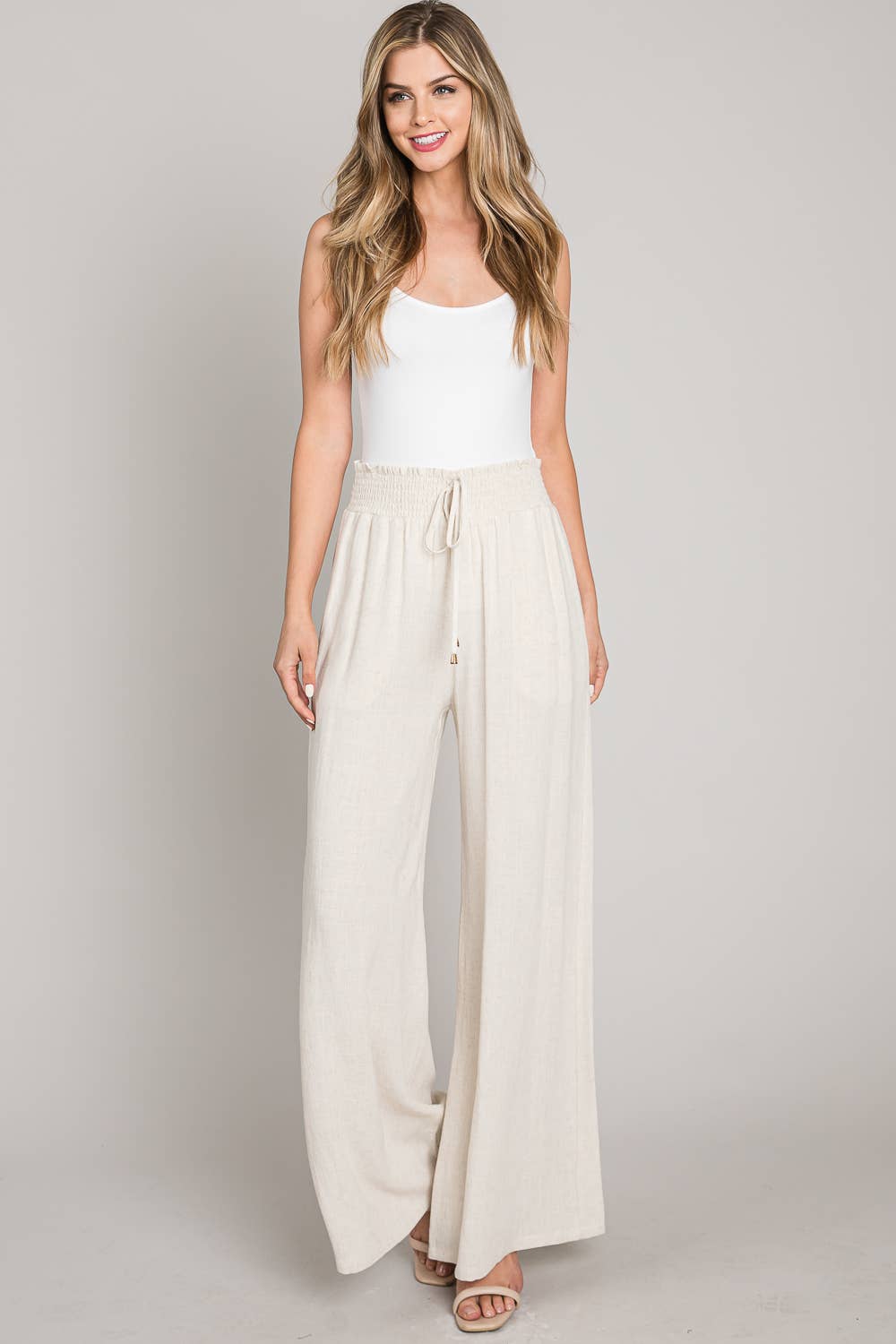 Soft Linen Smocked Waist Wide Leg Pants: Natural / L