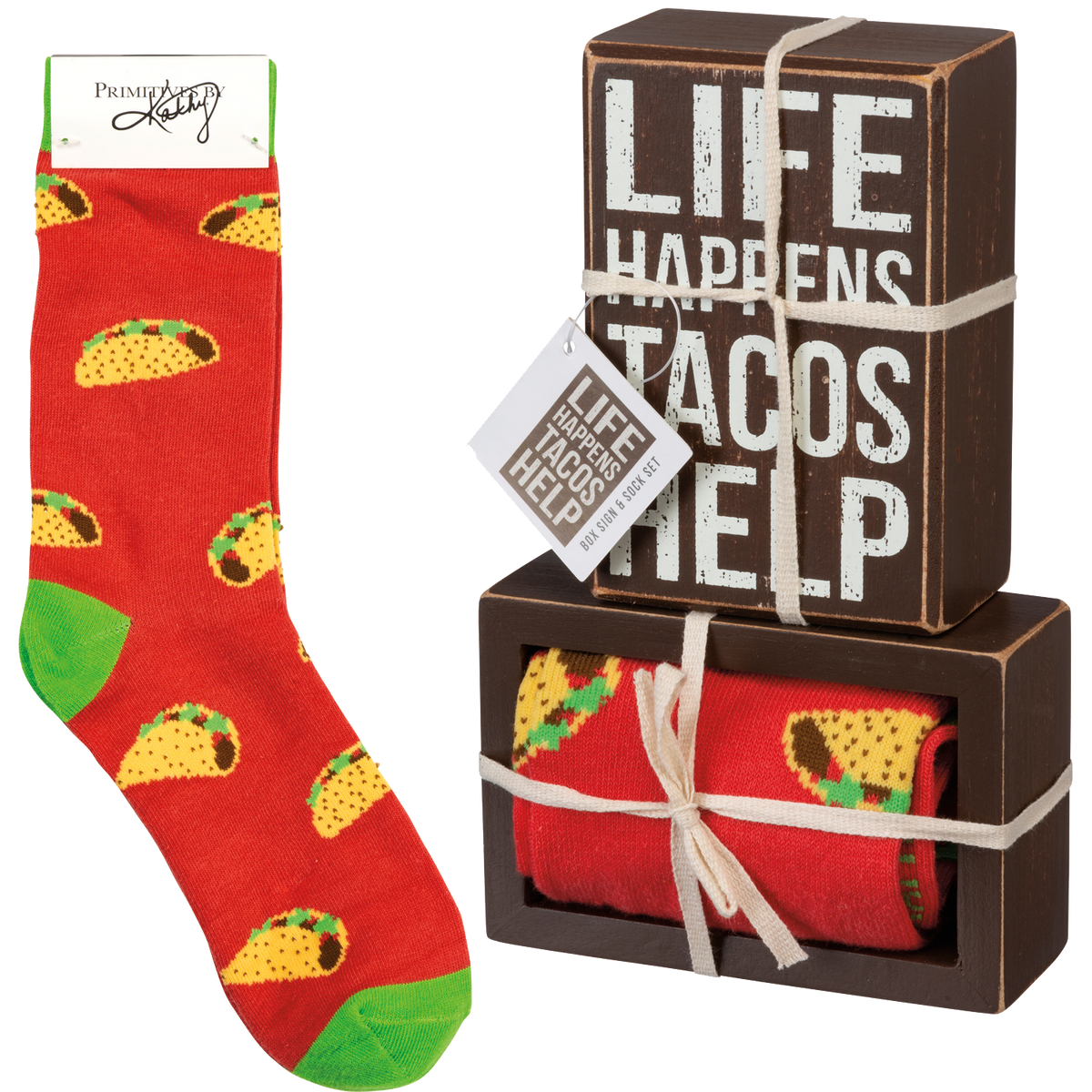 Box Sign &amp; Sock Set - Life Happens Tacos Help