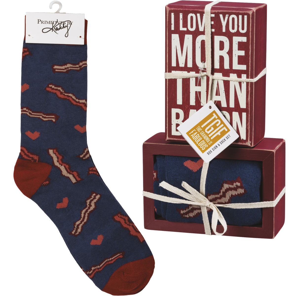 Box Sign &amp; Sock Set - I Love You More Than Bacon