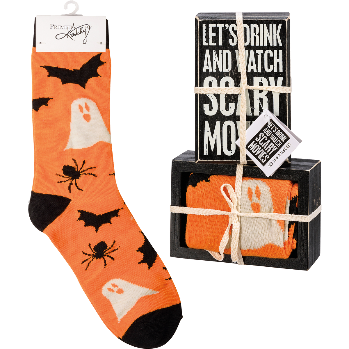 Box Sign &amp; Sock Set - Drink And Watch Scary Movies