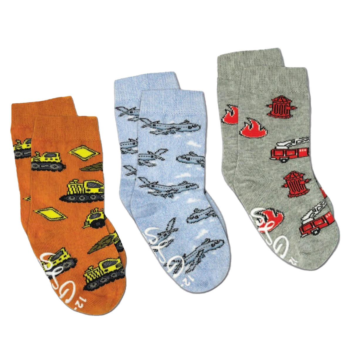 Airplanes, Construction and Firefighter Kids Socks / 3-Pack / 0-12 Months