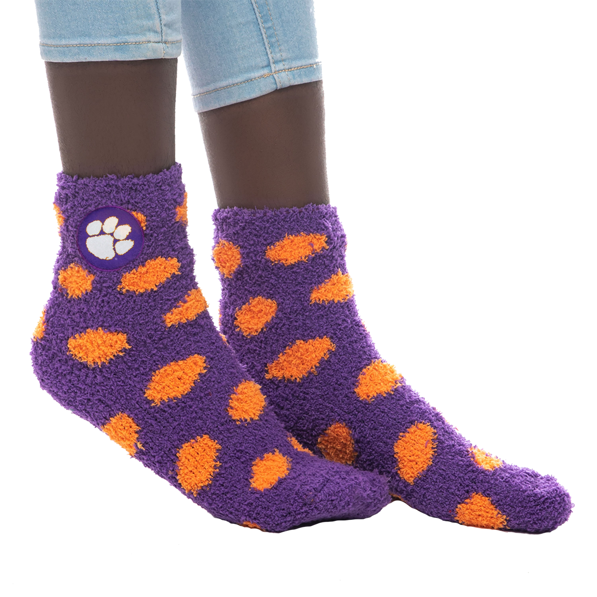 Clemson Purple with Orange Dots Fuzzy Socks with White Paw